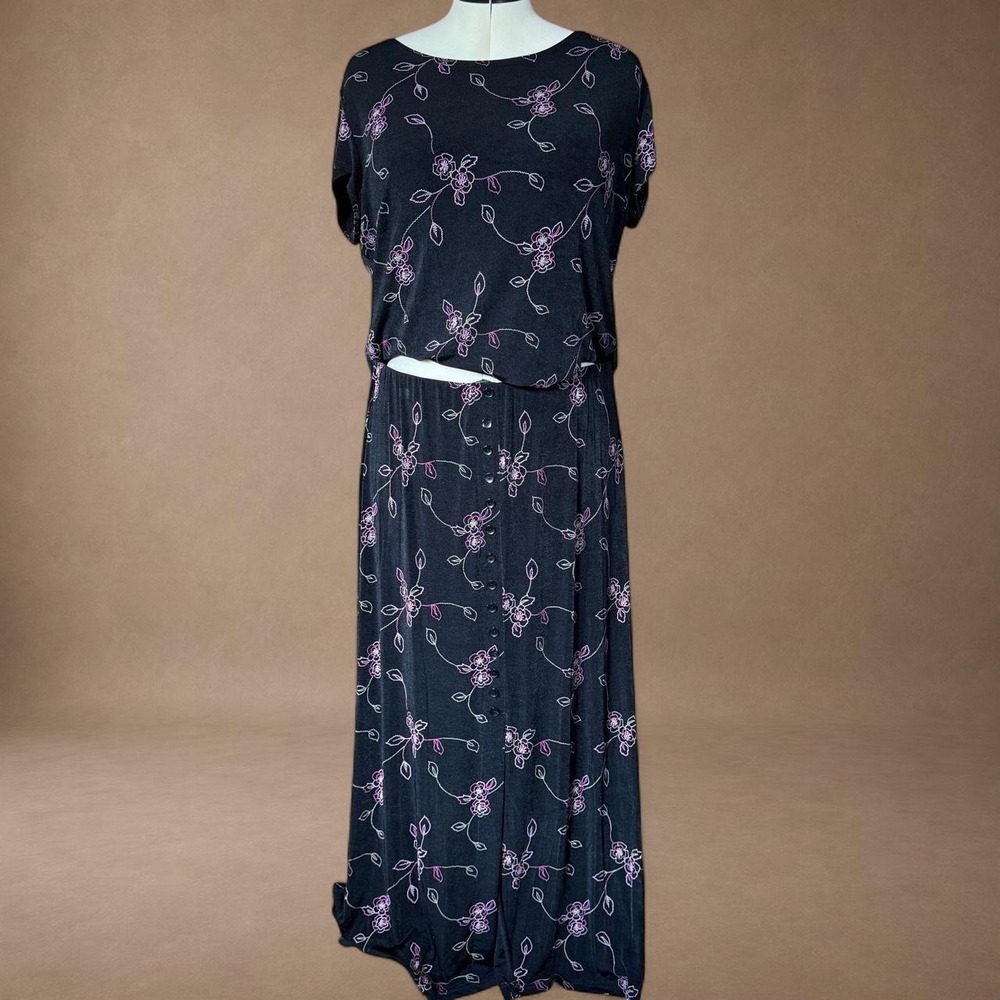 Black Floral Maxi Skirt Set Pink Embroidered Flowers 2 Piece Co-Ord